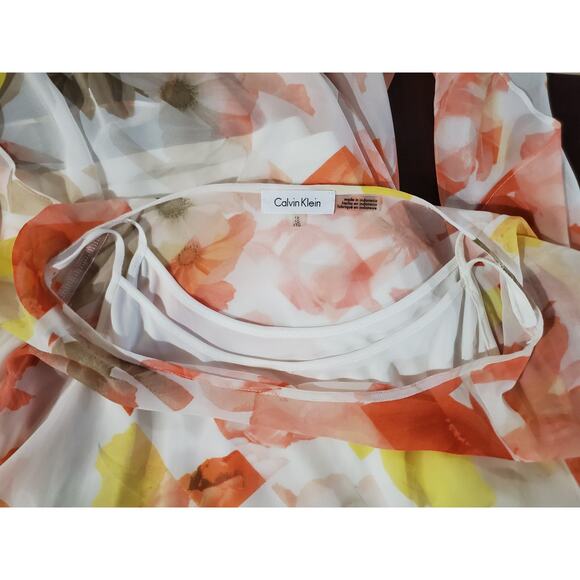 Calvin Klein Floral Sheer Tank Lined Slit Flutter Sleeve Chiffon Blouse Size 1X - Picture 7 of 11